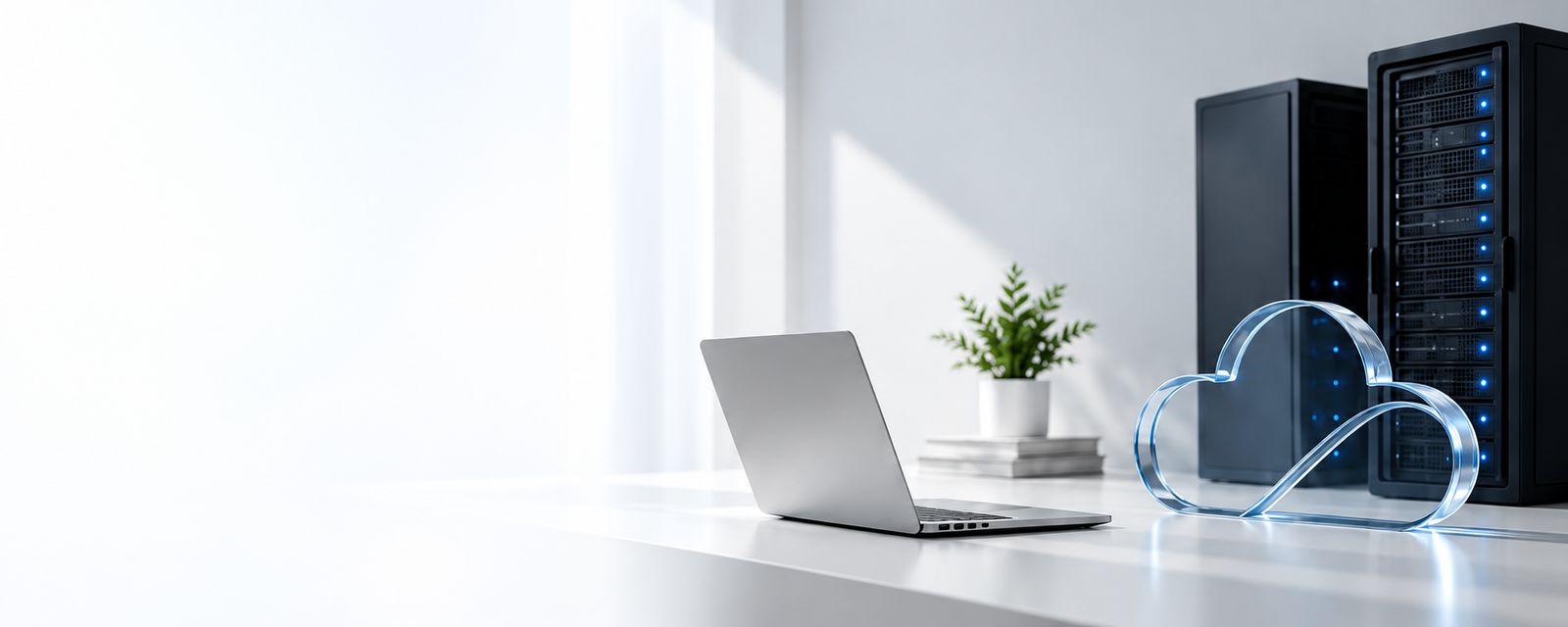 A silver laptop on a white desk beside server racks and a glass cloud sculpture