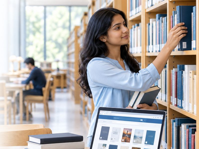 A student choosing a book in a library, with a laptop and books on the table